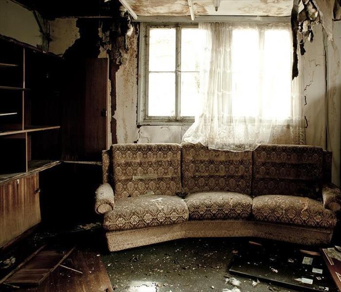 A fire damaged residential living area
